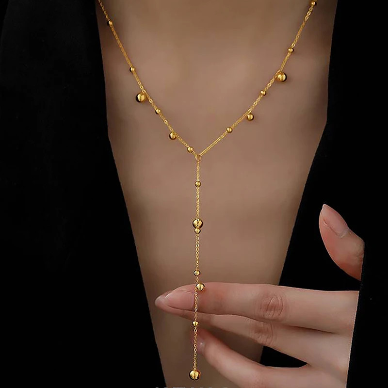 Stainless Steel Beads Y Necklace Bohemian Small Ball Pendant Tassel Chain Girls