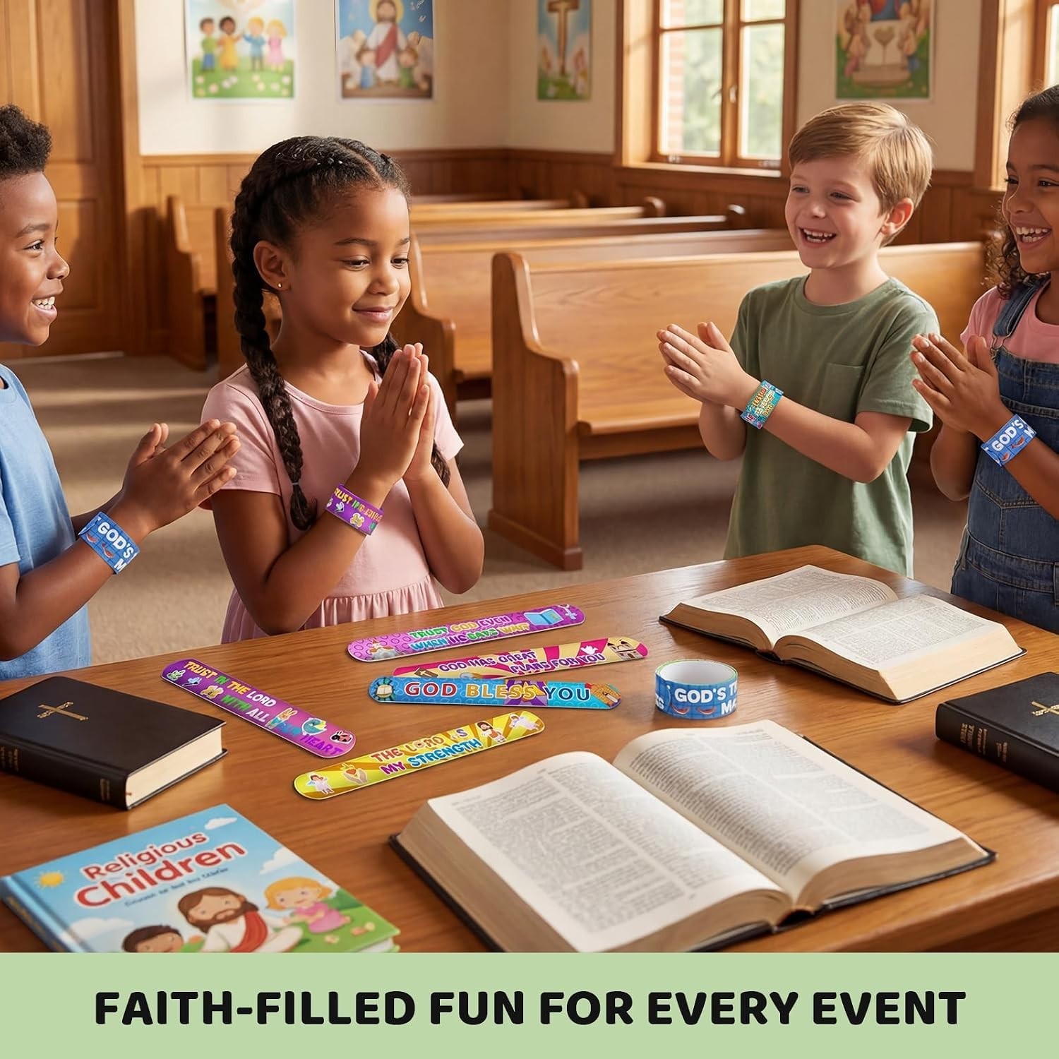 Vibrant 48-Piece Snap Bracelets with Bible Verses – Ideal Kids’ Gifts -Round