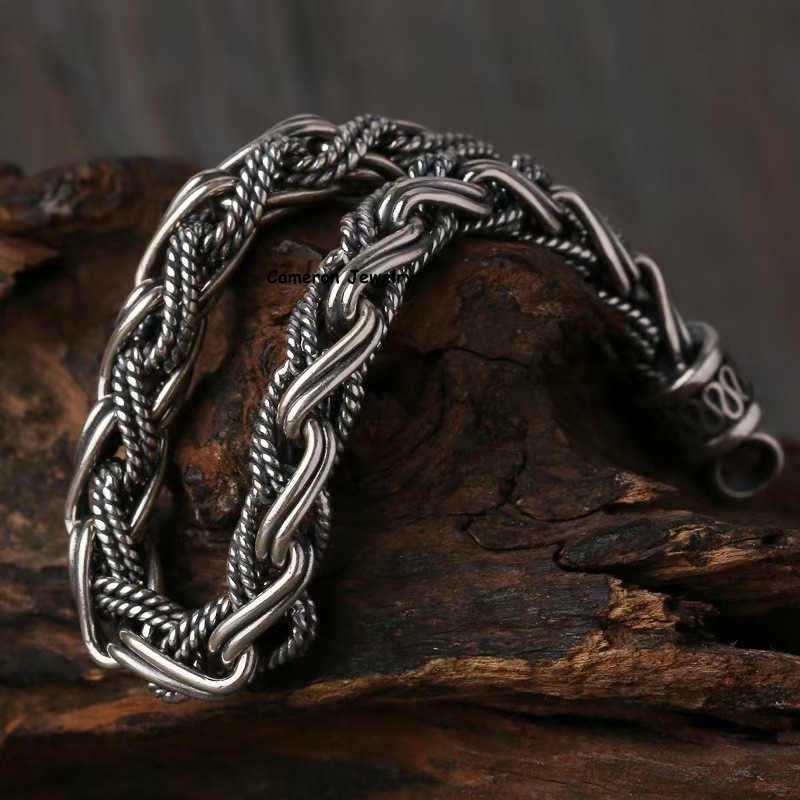 Pure S925 Sterling Silver Chain 6mm Braided Wheat Bracelet 34-35g 7.6inch