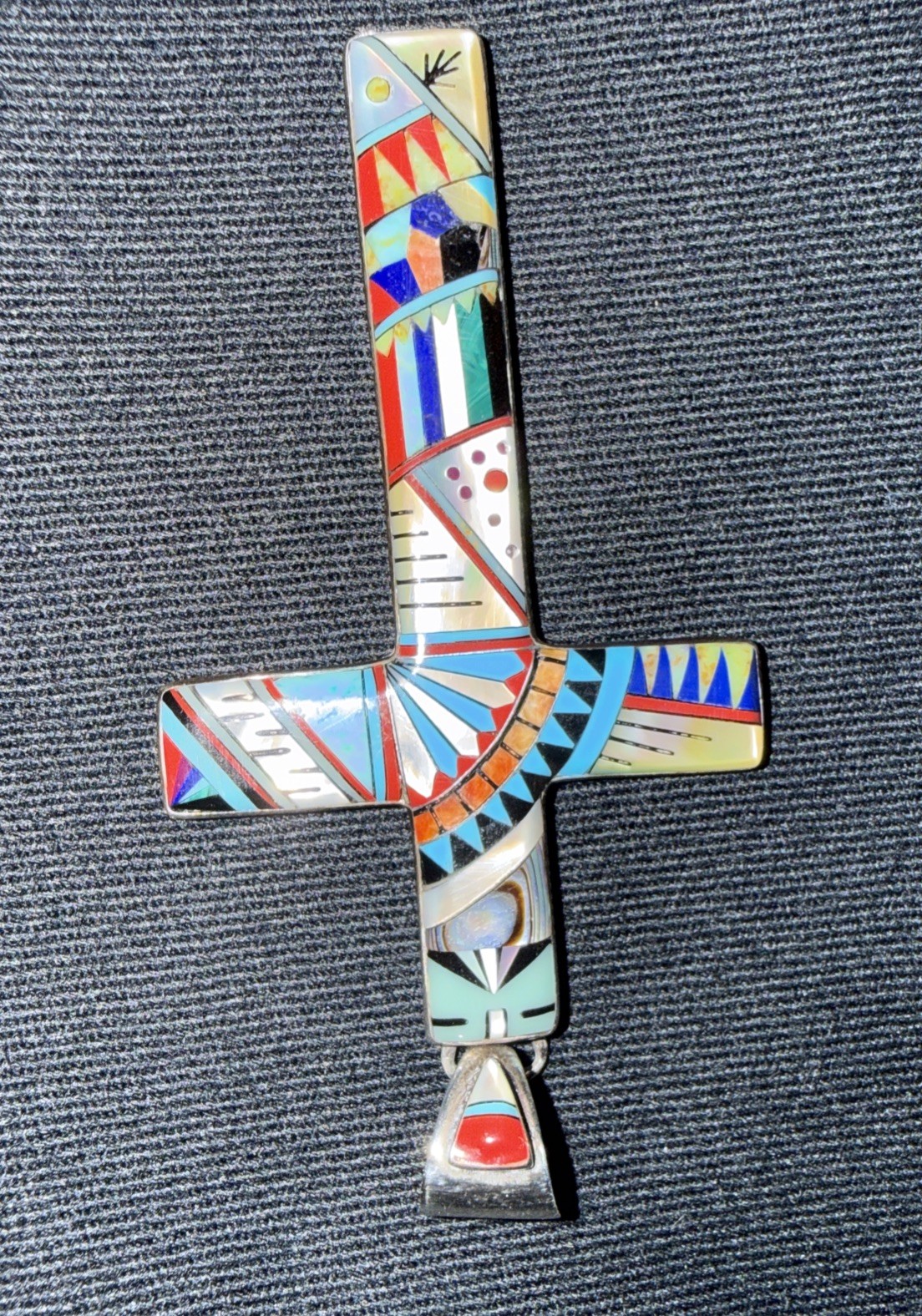 Zuni Mosaic Inlay Pendant Sterling Silver Cross 1.5” X 3” One Of A Kind Handmade