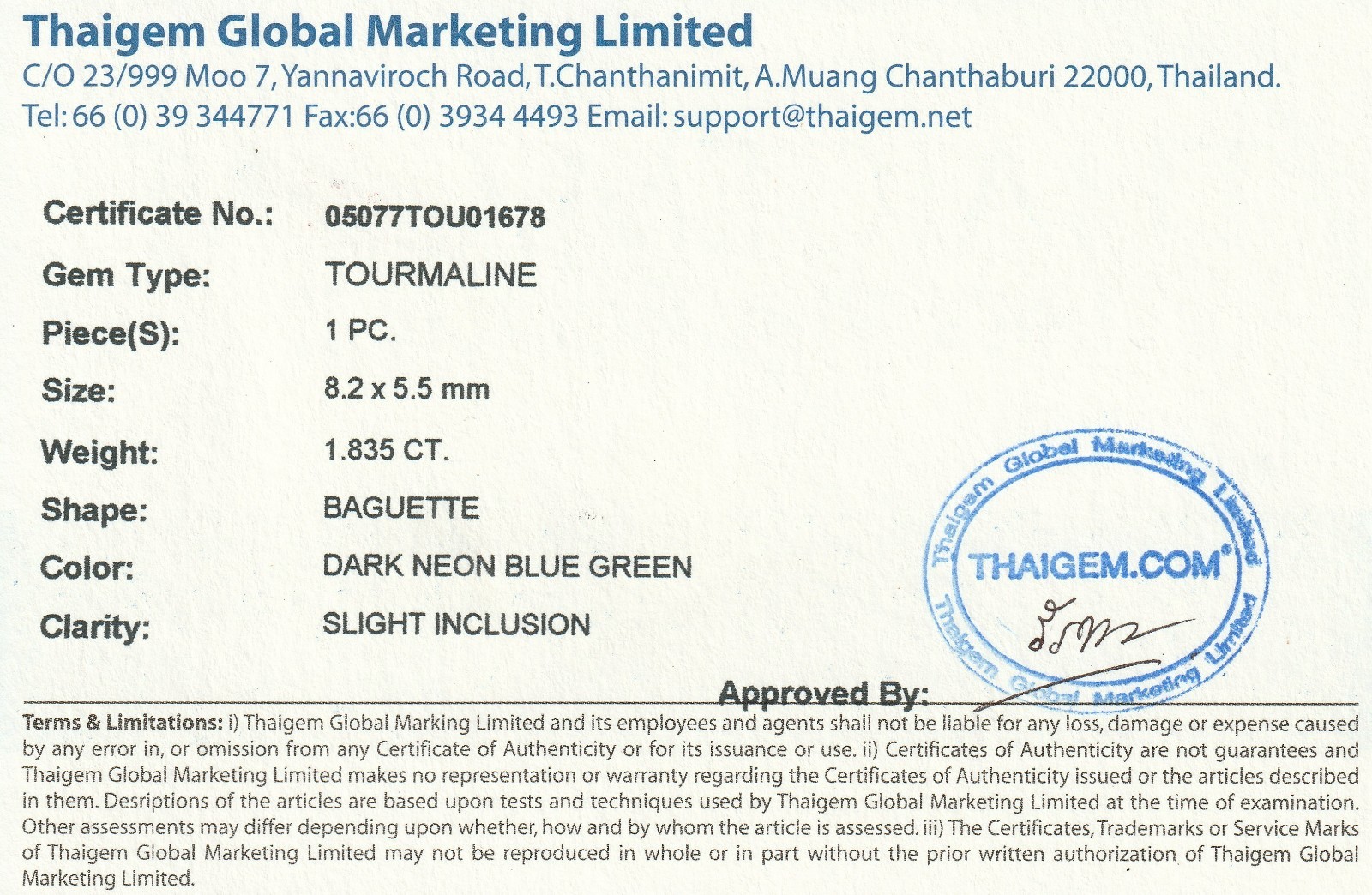 TOURMALINE. Dark Neon Blue Green Baguette, SI. 8.2 X 5.5 mm, 1.835 Carats.