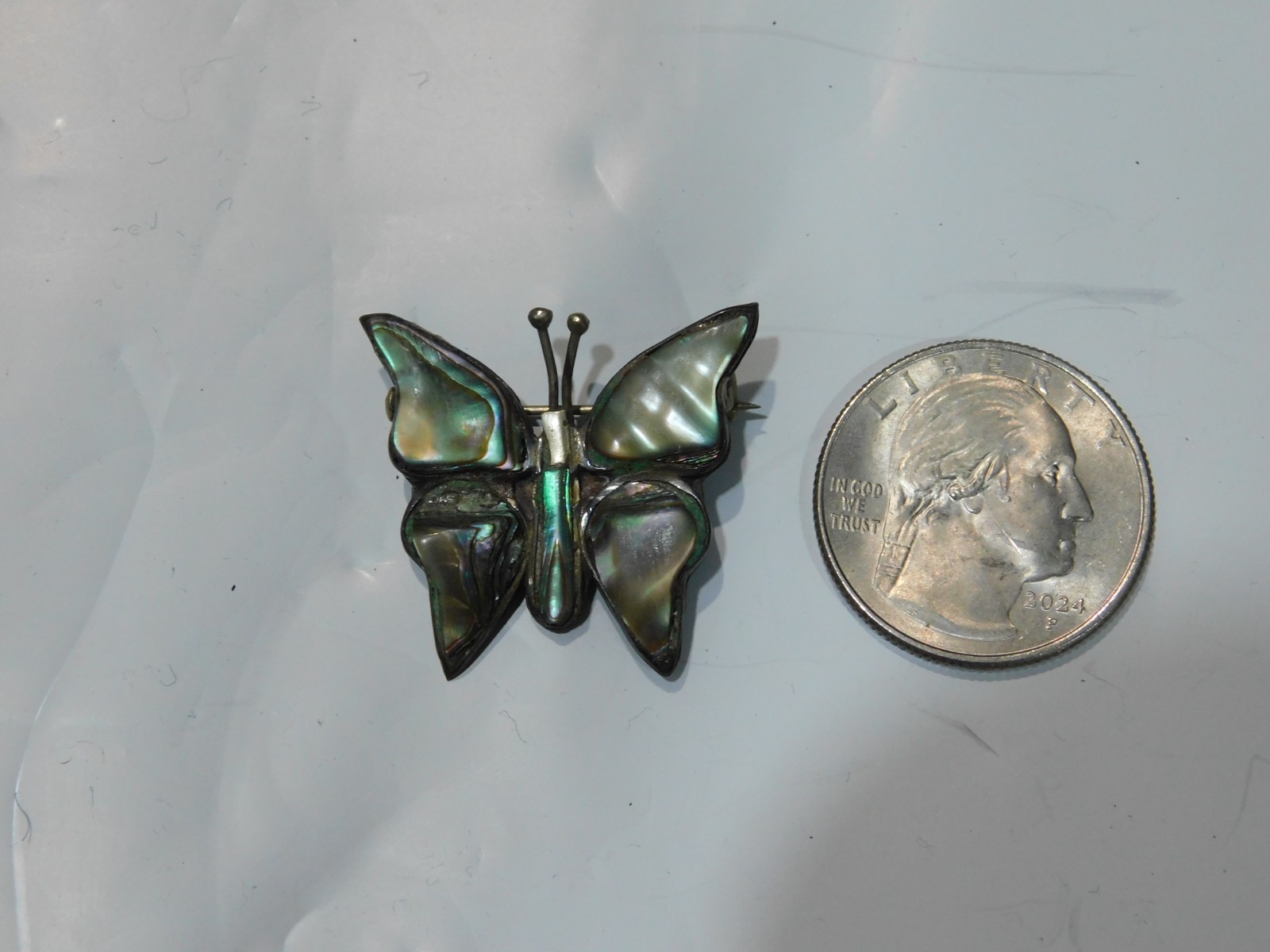 Mexico 925 Sterling Silver Abalone Shell Butterfly Vintage Pin Brooch