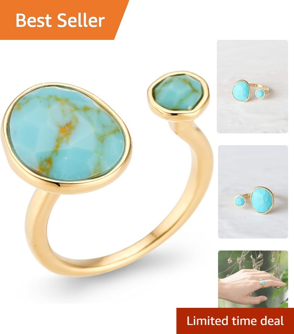 Elegant Simulated Turquoise Ring in 14K Gold-Plated Brass – Adjustable Size 6-8