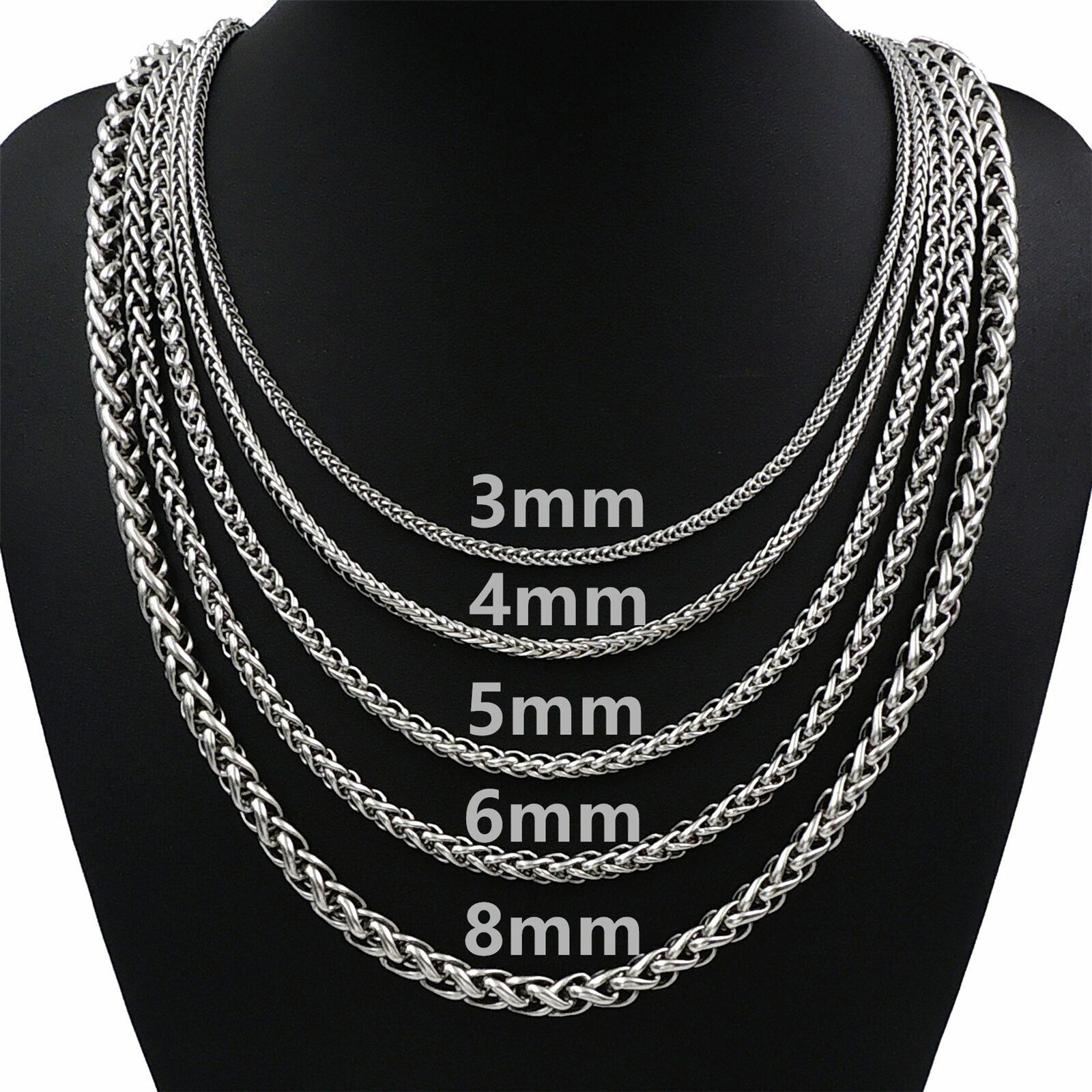 3/4/5/6/8MM Mens Silver Stainless Steel Necklace Wheat Braided Chain 18-30″ Gift
