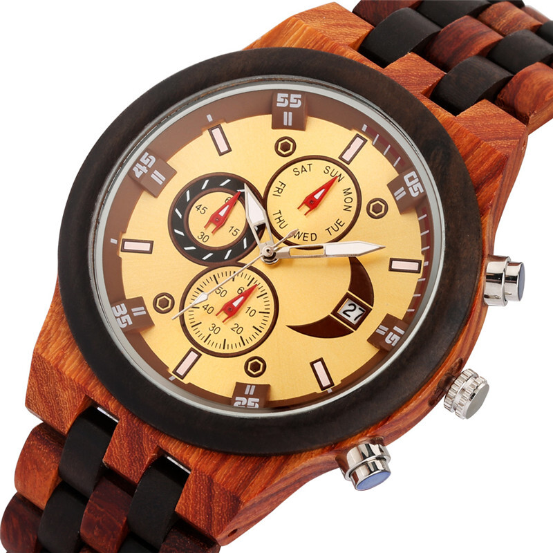 Men’s Wood Watch Chronograph Auto Date Display Mixed Adjustable Full Wooden Band