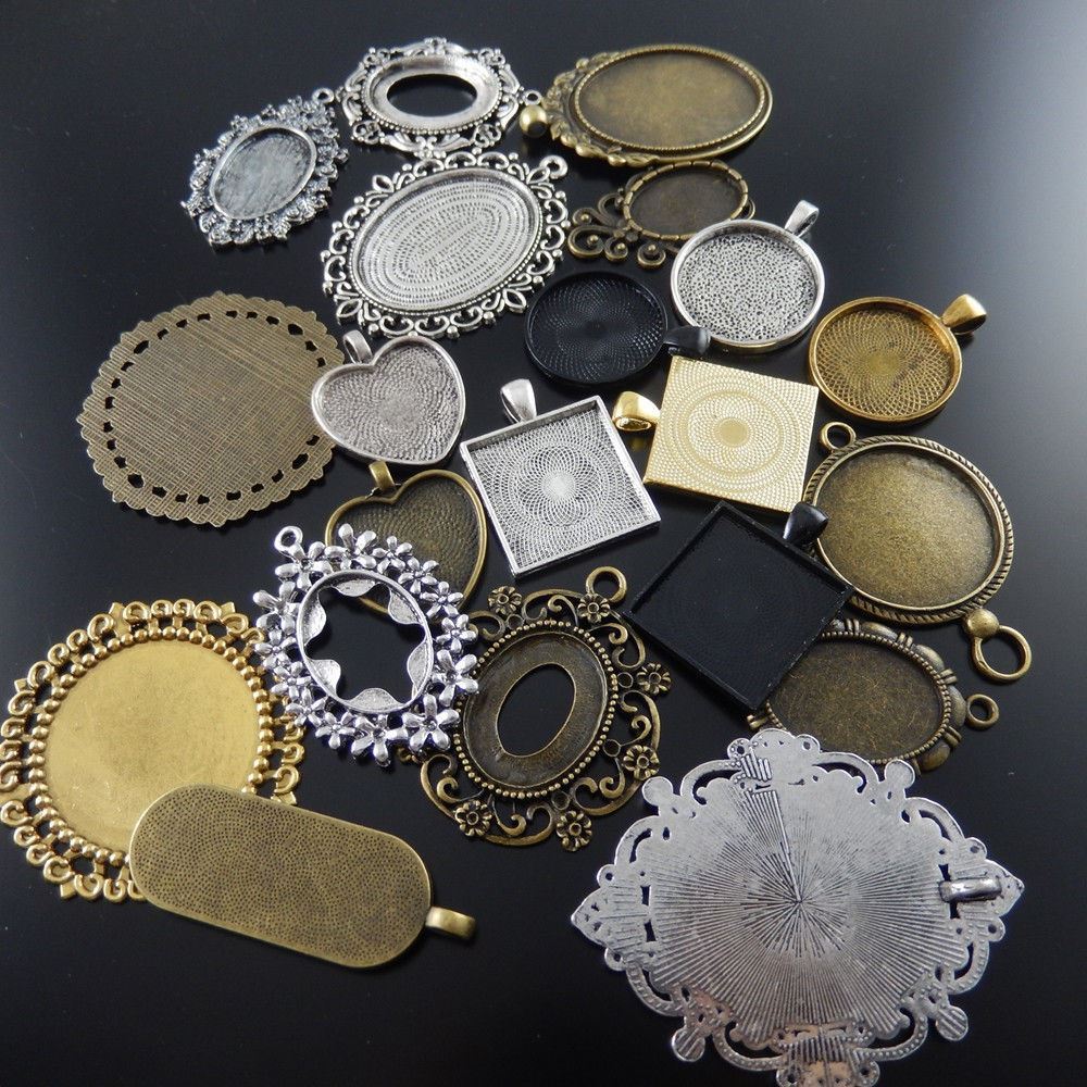10Pcs Mixed Color Multi-Style Alloy Cameo Setting Base Pendant Jewelry Findings