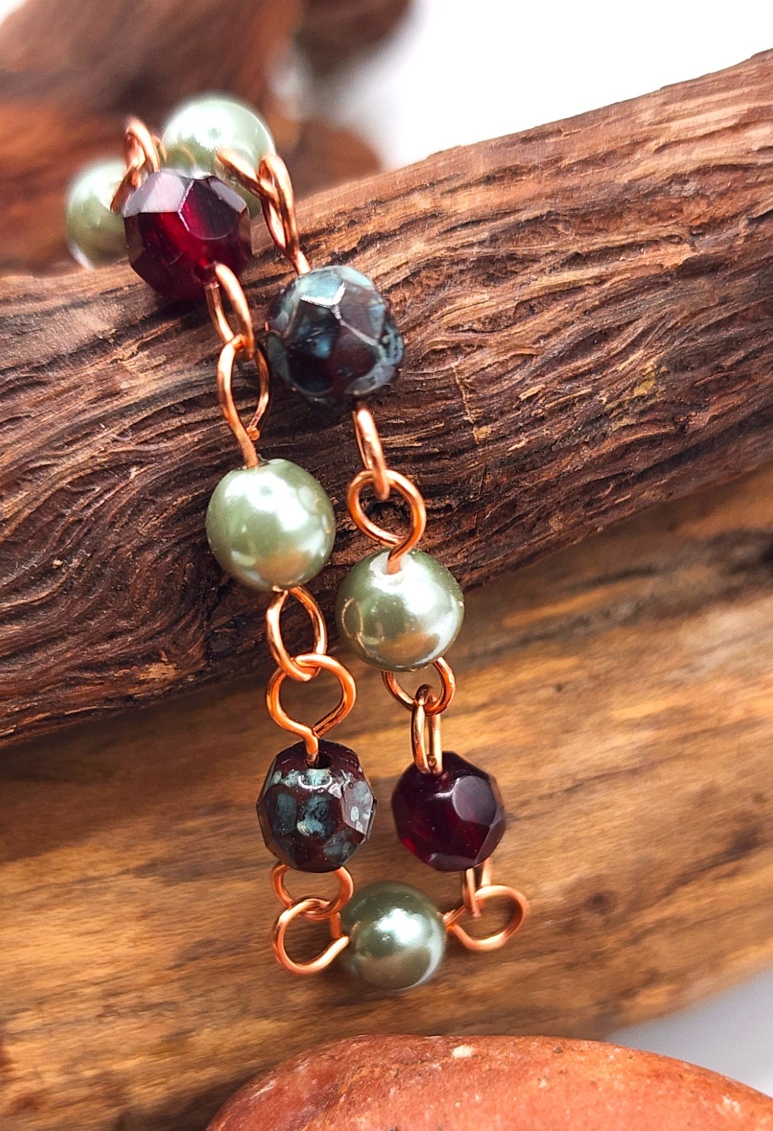 Handcrafted Copper Chain Bracelet with Czech Garnet, Sage Green and Burgundy Red
