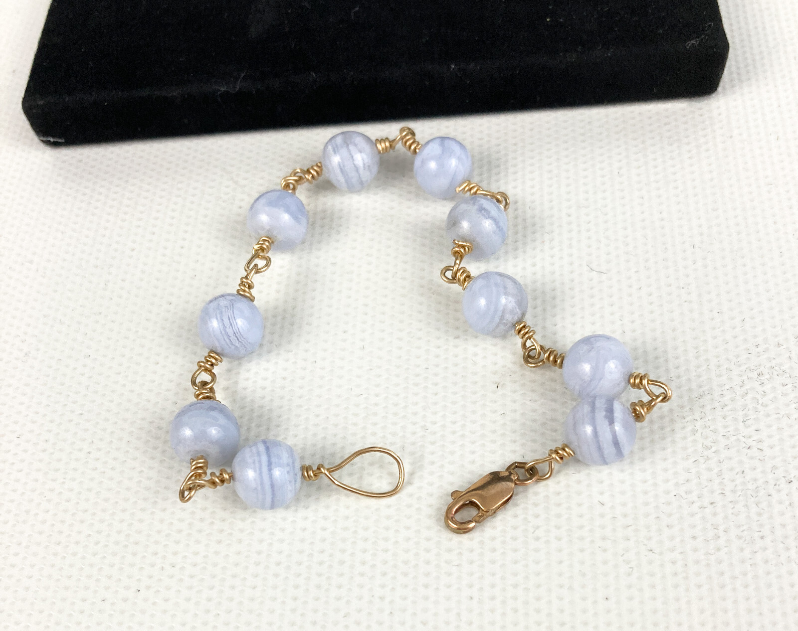 Vintage Blue Lace Agate & Gold Link Bracelet 14/20K Gold Filled Lobster Clasp 7″