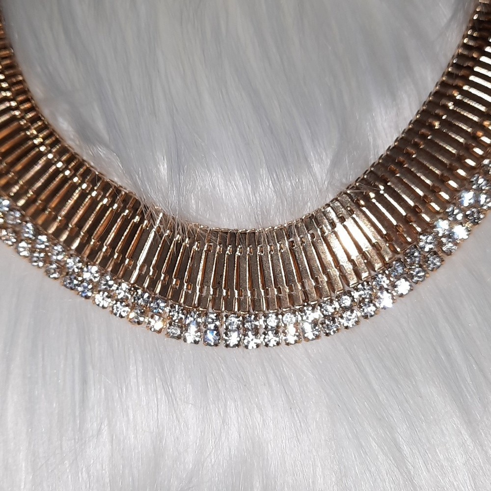 Cz goldtone accordian style choker collar bib necklace adjustable length
