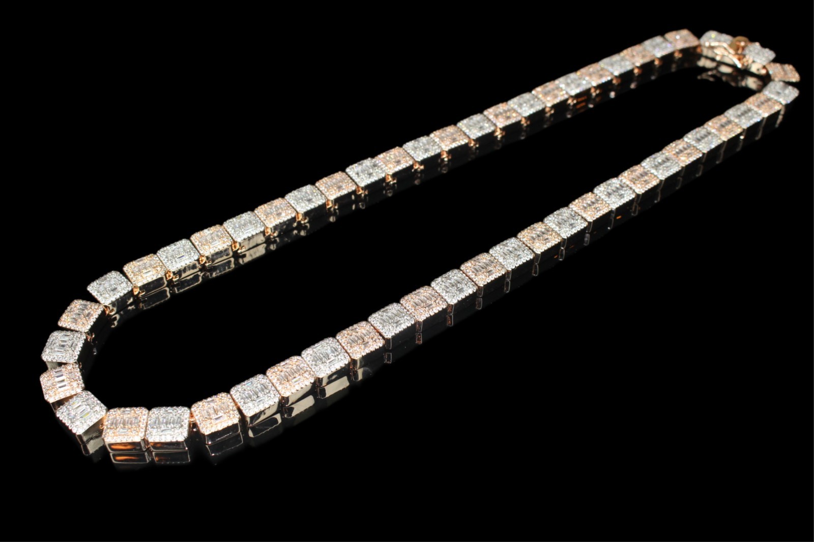 14k STAMPED 2-Tone ROSE Gold 10mm BAGUETTE Tennis 124ct Lab Sim Diamond Chain