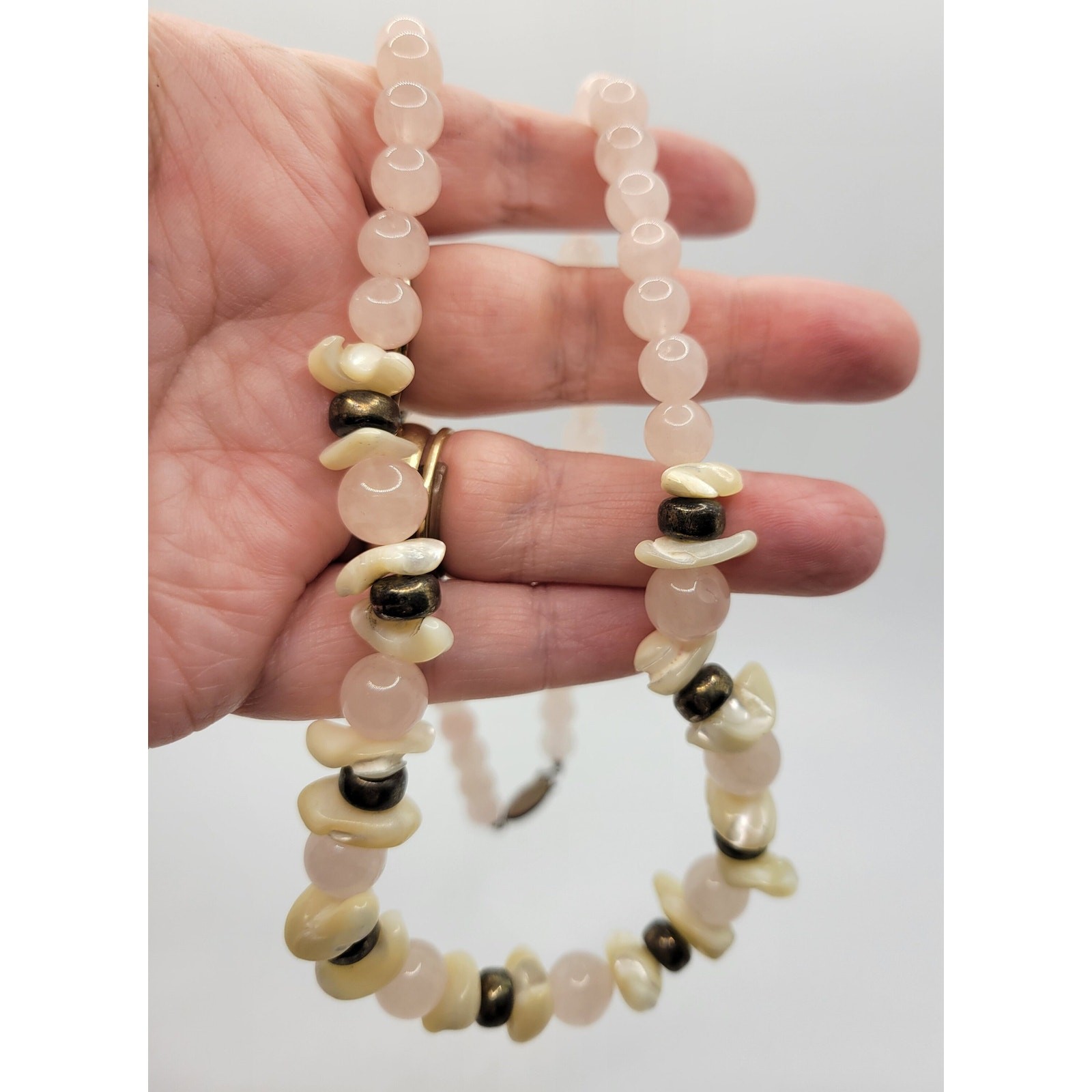 Vintage Rose Quartz Shell Necklace SemiPrecious Gemstone BOHO 1960s MidCentury