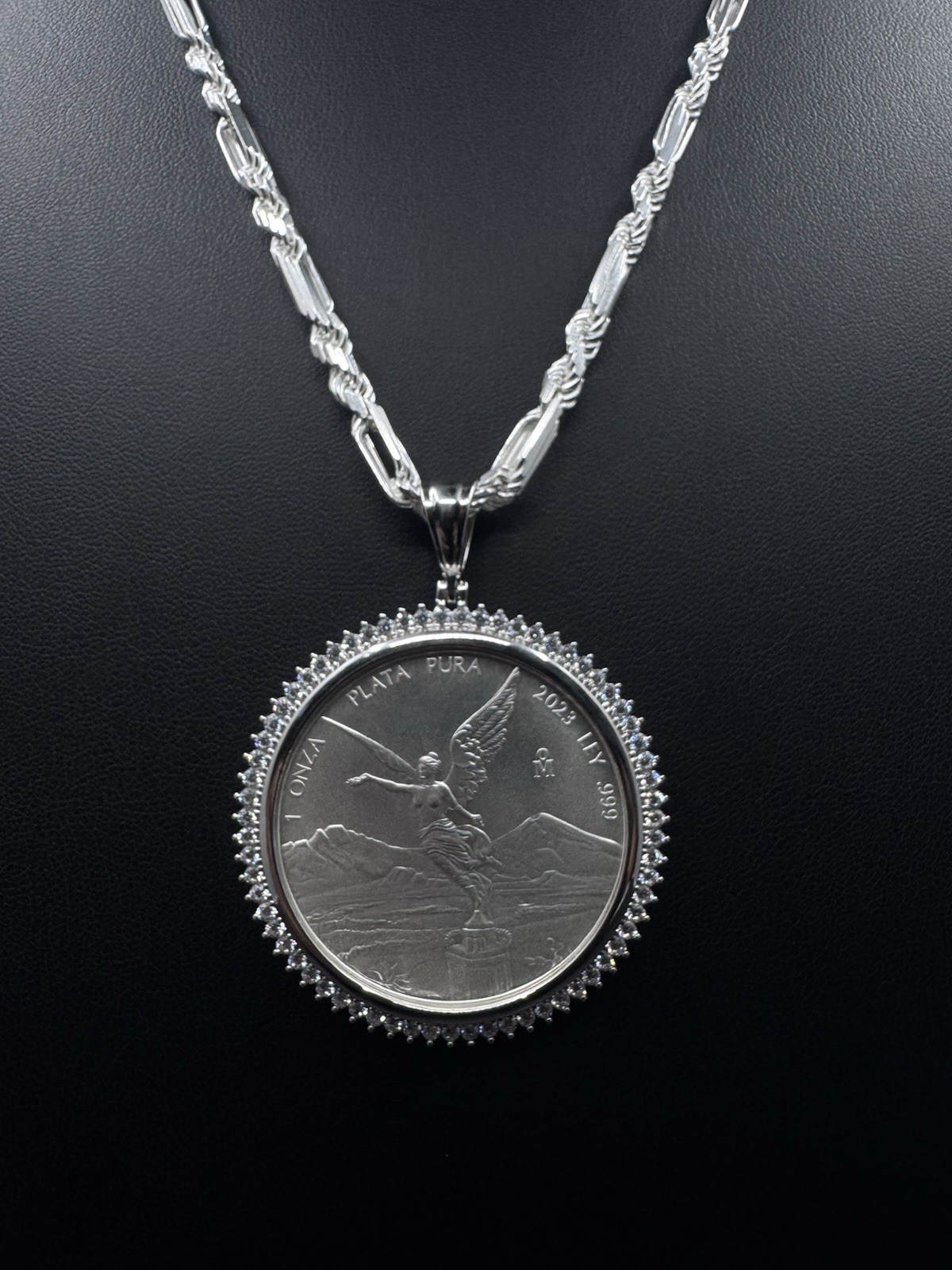 1oz 999 Libertad Centenario Coin with 925 Figarope Milano Chain Set CZ Bezel 24″