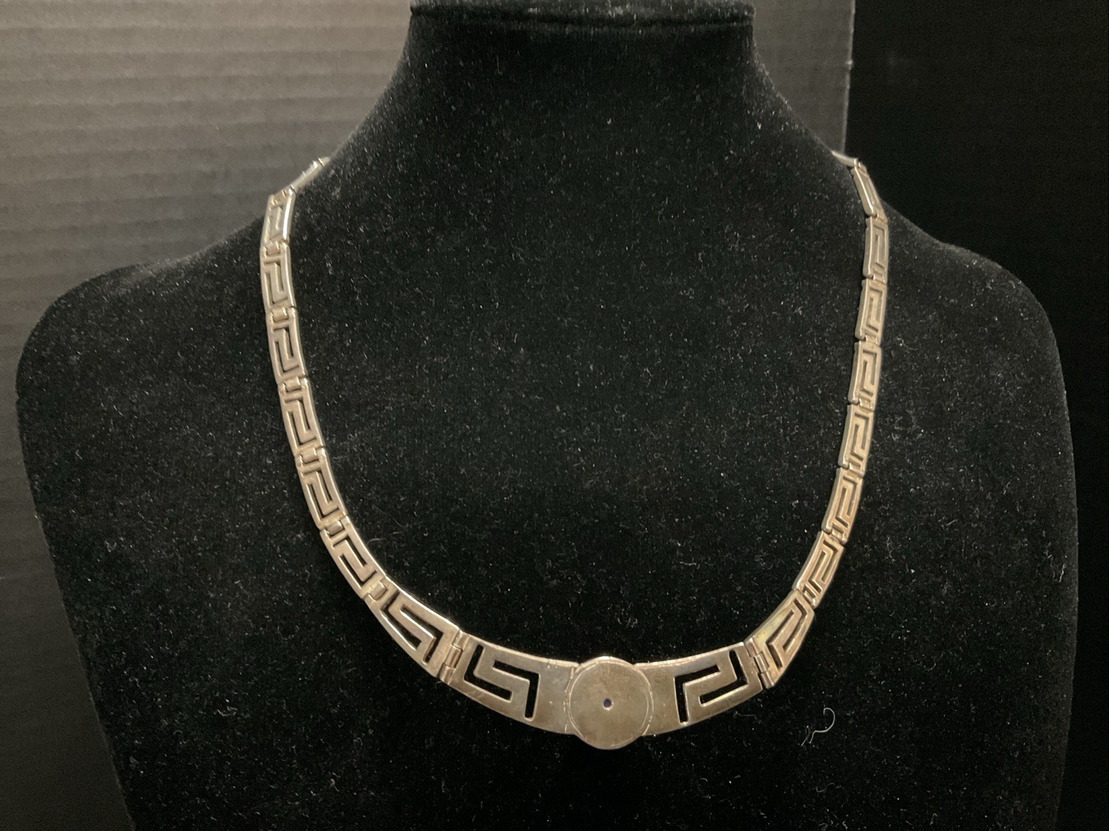 Sterling Silver and Blue Lapis Necklace Greek Key Design Choker ~ 45 Grams 20 In