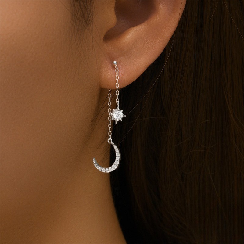 Women’s Long Tassel Ear Studs Inlaid Synthetic Zircon Star Moon Earrings Alloy