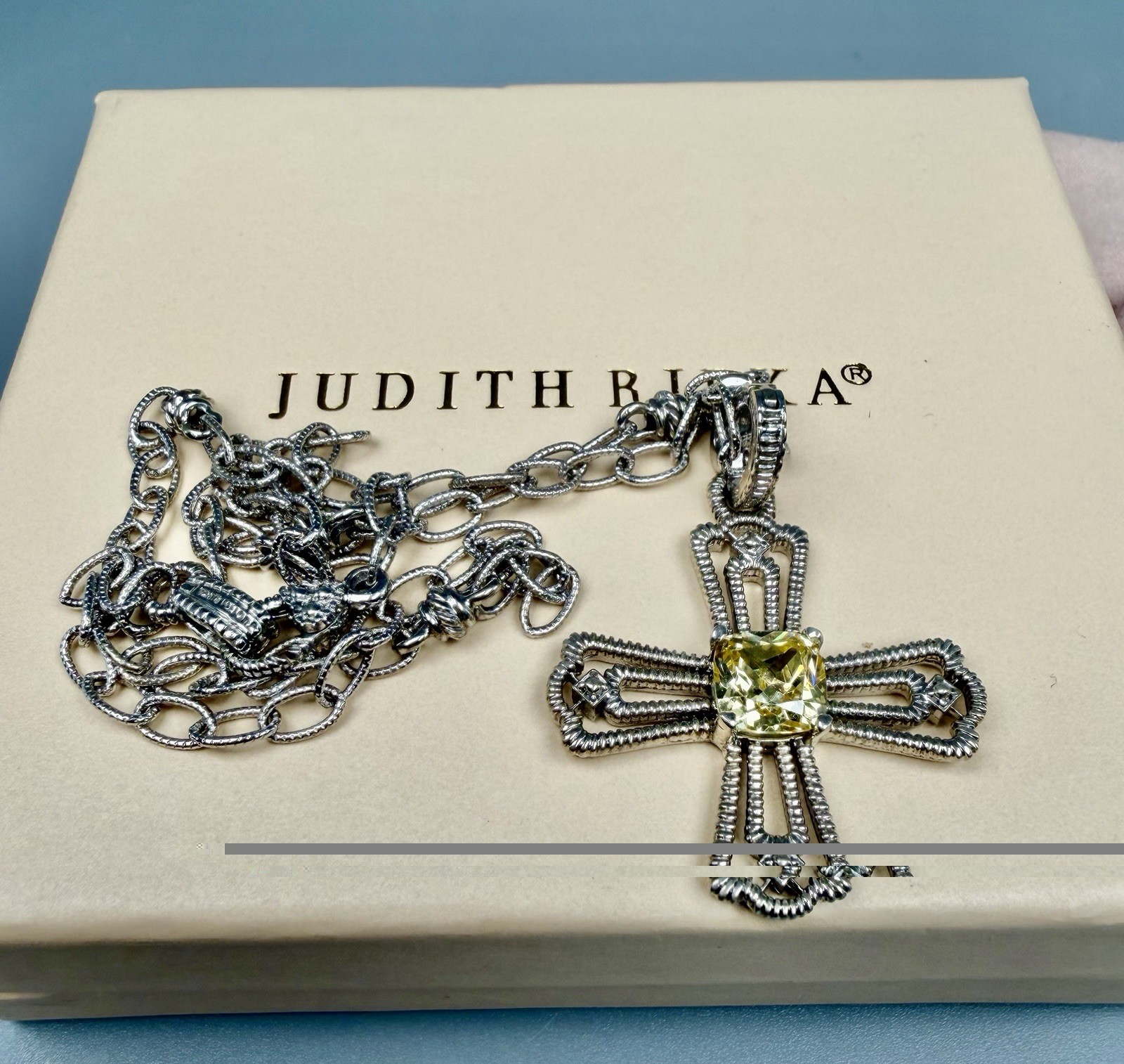 Judith Ripka Sterling Silver Canary Quartz Cross Pendant Station Link Chain