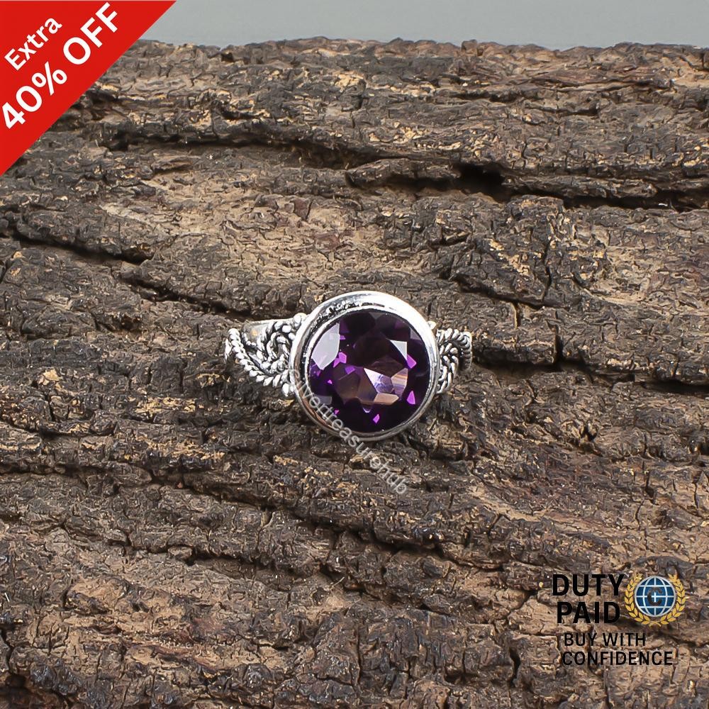 February Birth Round Natural African Amethyst Boho Band Ring 925 Sterling Silver