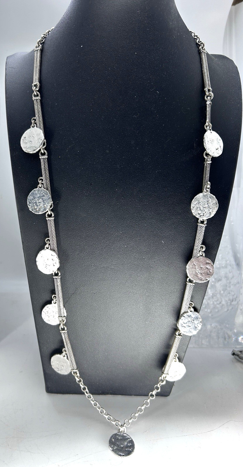 Long Boho Gypsy Style Silver Tone Coin Like Disk Necklace 17″ On 34″ Long