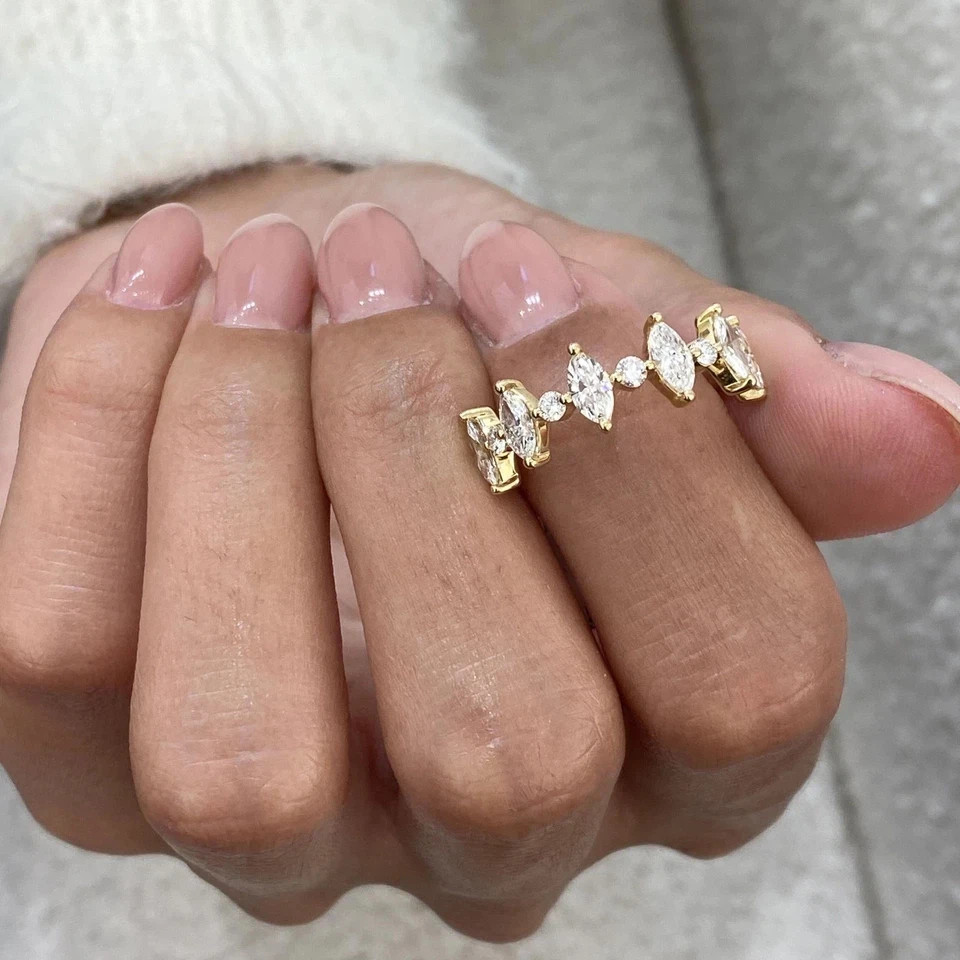 Round & Marquise Cut 0.75 Ct 14k Yellow Gold Diamond Band Lab Grown VVS E F CVD
