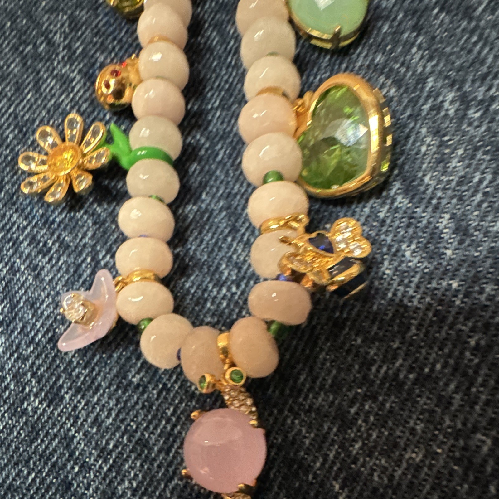 kate spade new york Pink Beaded Charm Necklace Green Heart Glass Pendant