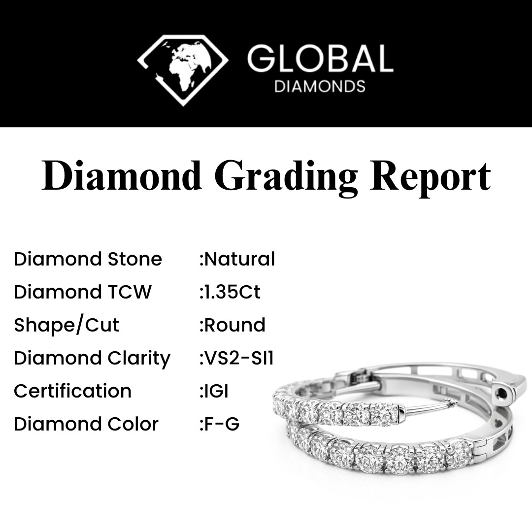 Natural Diamond 14K White Gold 1.35 Ct Round Hoop Earrings VS2-SI1 F-G IGI Cert