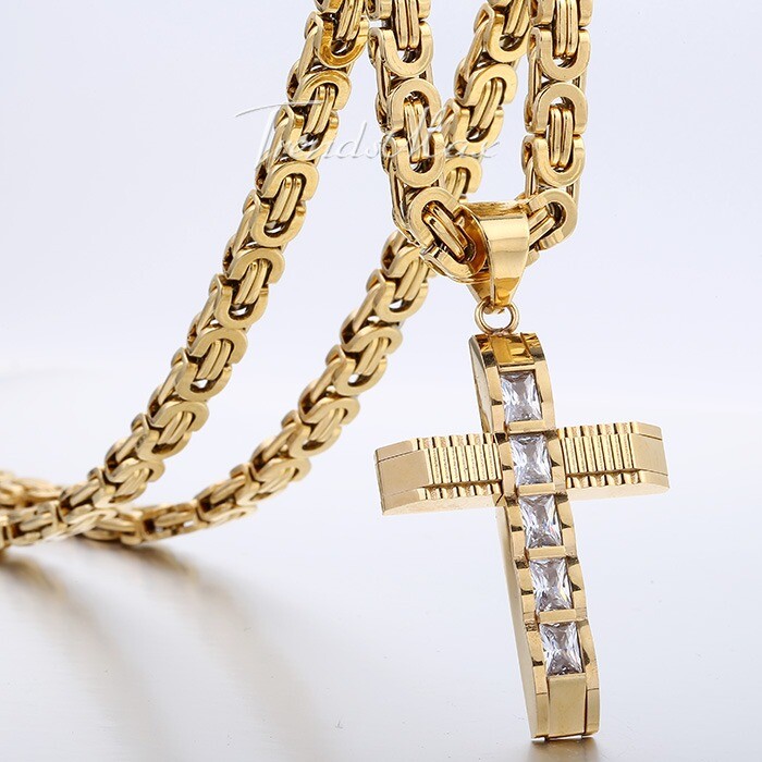 18-30“ Stainless Steel CZ Rhinestone Cross Pendant Necklace Flat Byzantine Chain