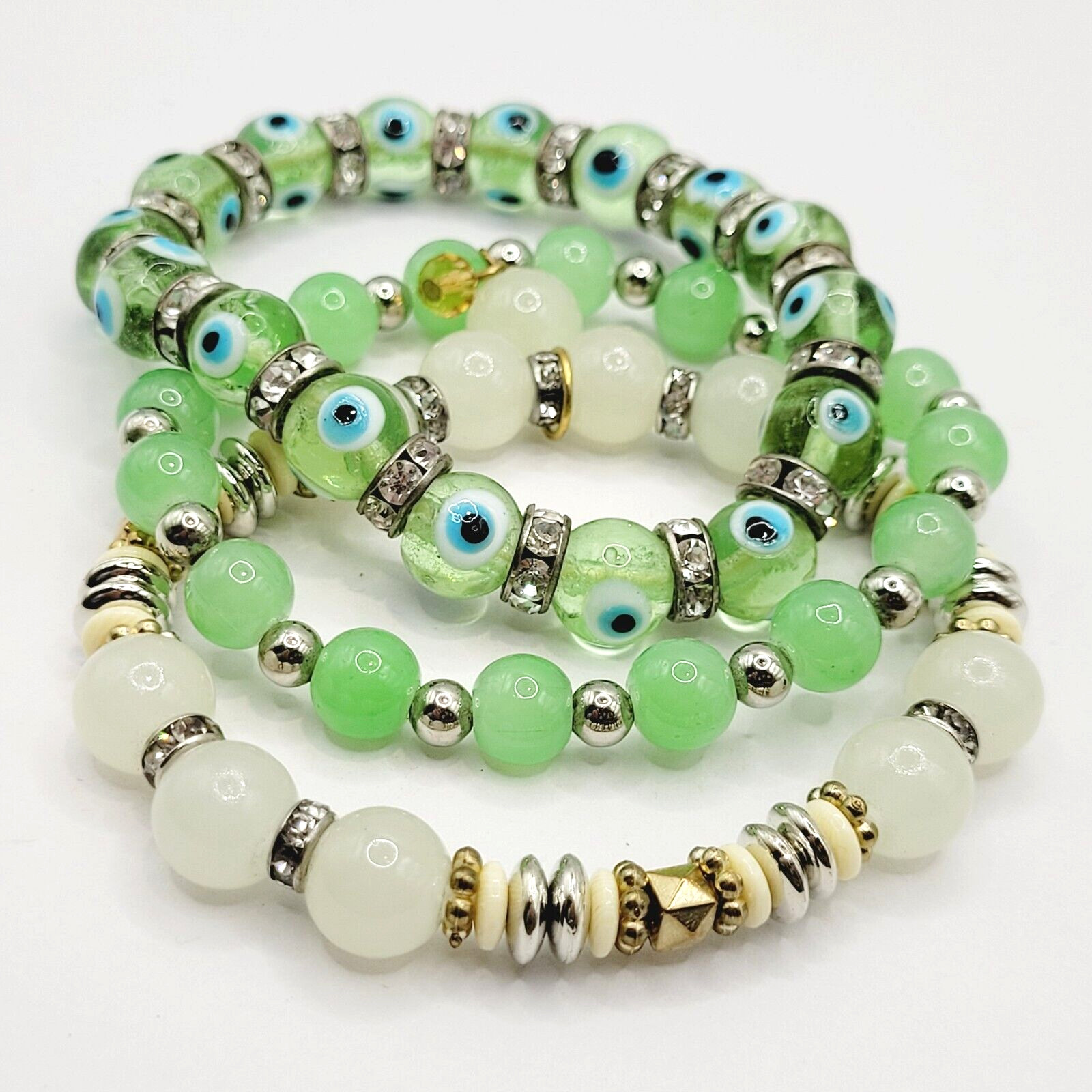 Modern Three Glass Bead w Rhinestone Jade Milky Glass Color Stretch Bracelet Set