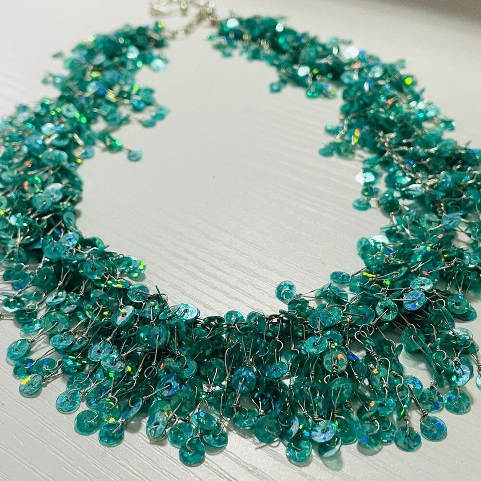 Teal Sequin Fringe Statement Necklace Iridescent Bib Collar