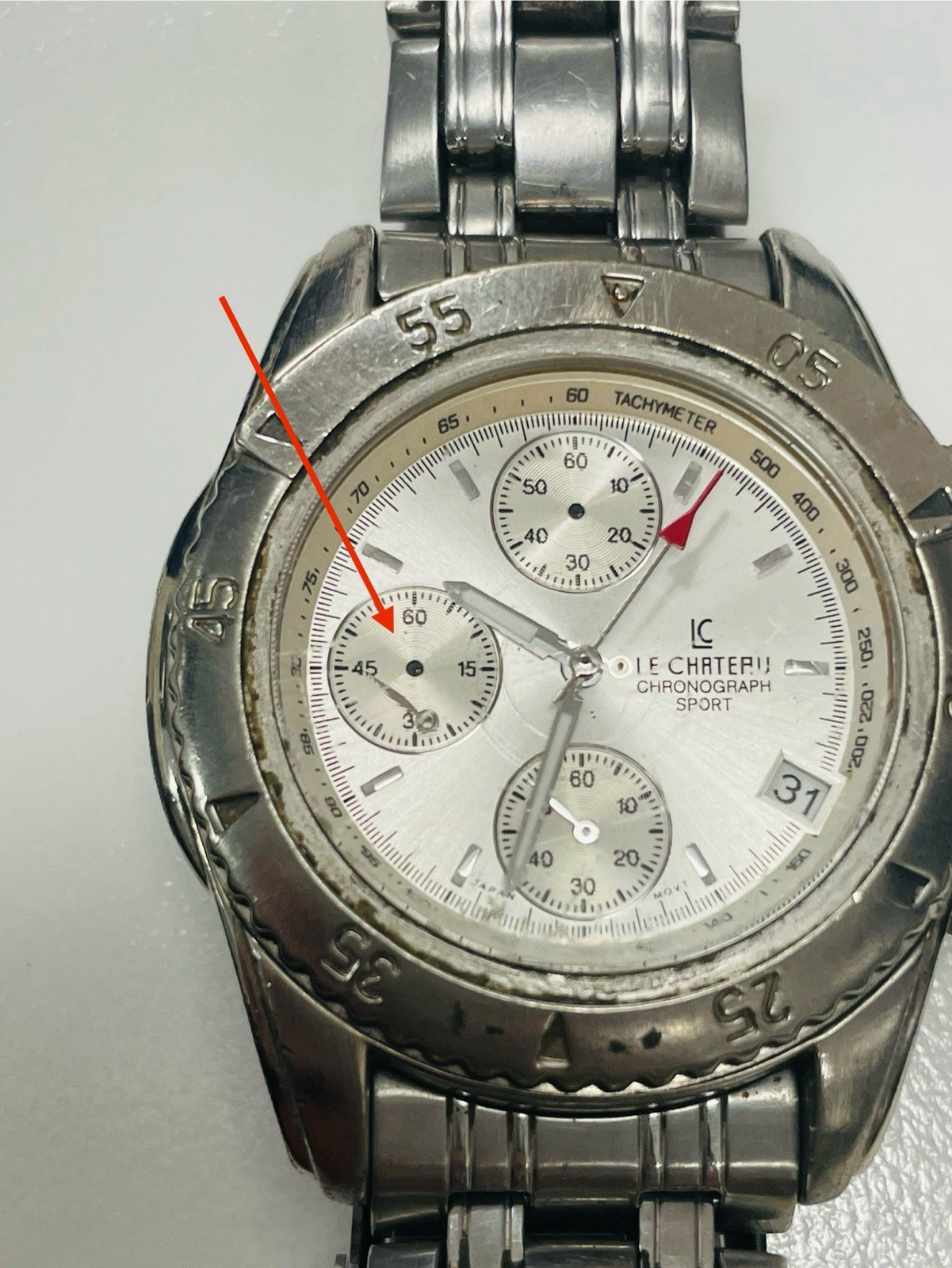 Le Chateau Chronograph Sport Watch Silver Dial Tachymeter Stainless Steel Men’s
