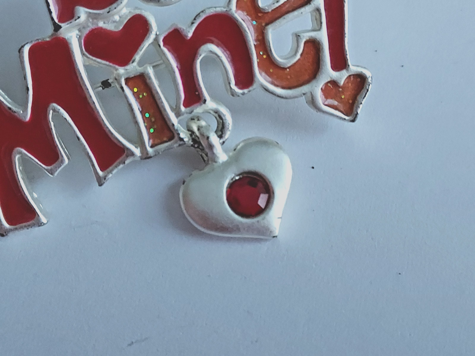 Rhinestone Valentine Pin “Be Mine” Signed AJMC Silver Tone Metal Vintage