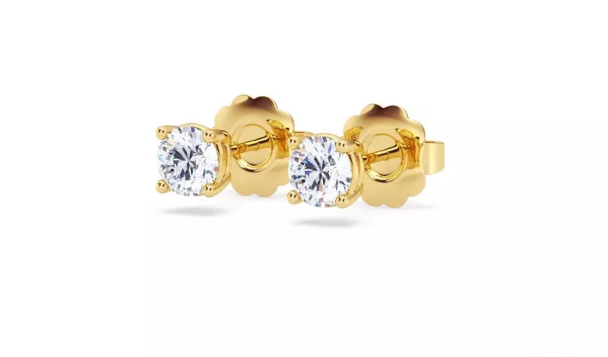 Natural Diamond Earrings 5 mm 1 carat total weight. 14k yellow gold prong