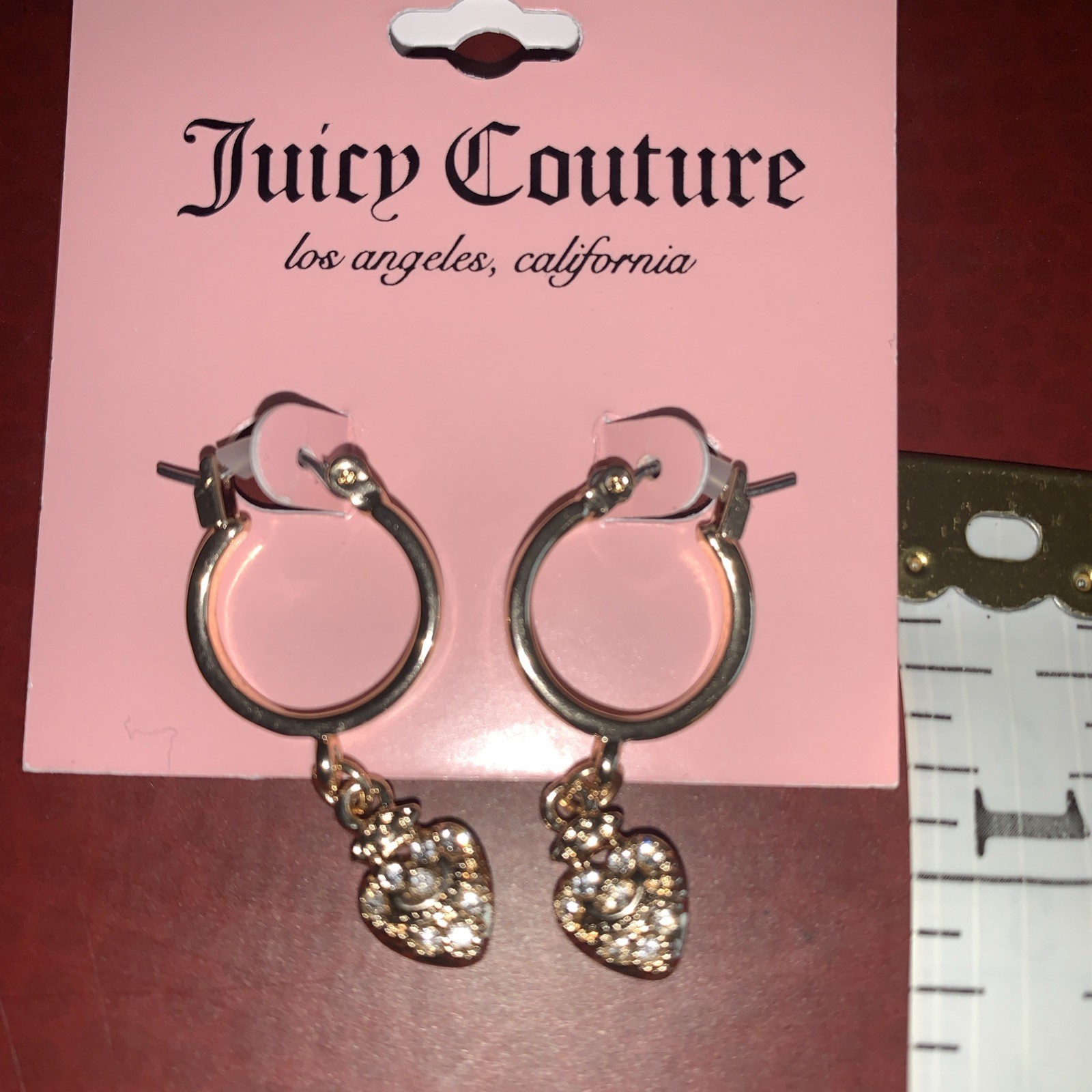 NEW JUICY COUTURE earrings small HOOP with hanging heart, latch back G/T new