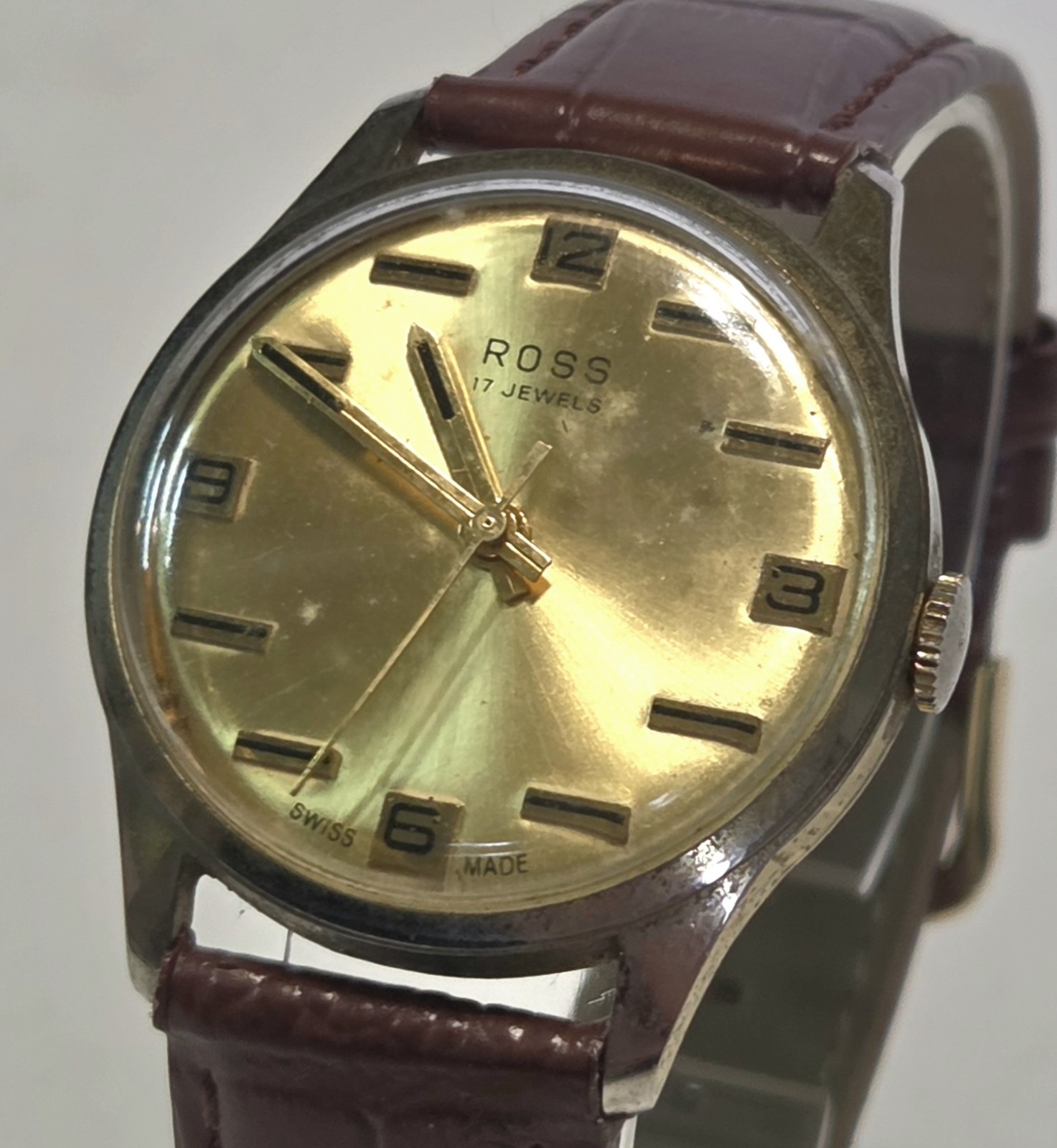 Vintage mid-century retro ROSS Swiss made 17J gents watch gold tone brown strap