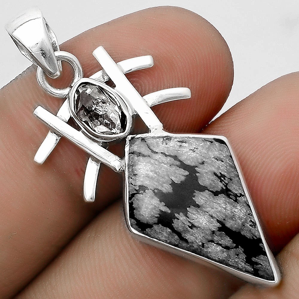 Snow Flake Obsidian & Herkimer Diamond 925 Silver Pendant Jewelry P-1046