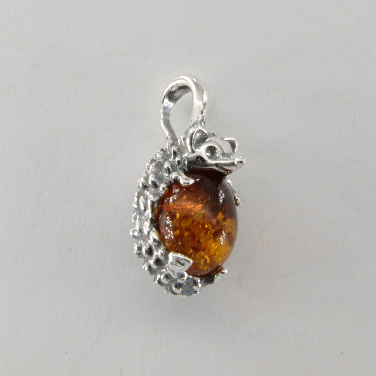 Cognac / Brown BALTIC AMBER Hedgehog Pendant 925 STERLING SILVER Poland #5250e