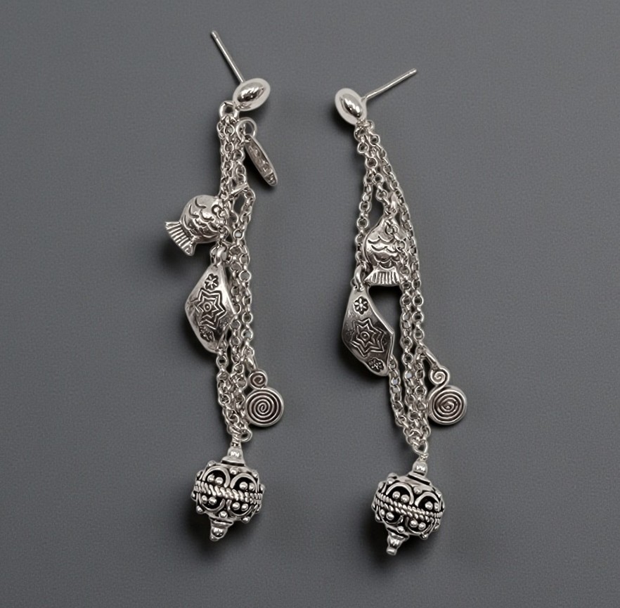 ​Vtg Misteria Sterling Silver Earrings 3.25 Long Shoulder Duster Fish Charms 19g