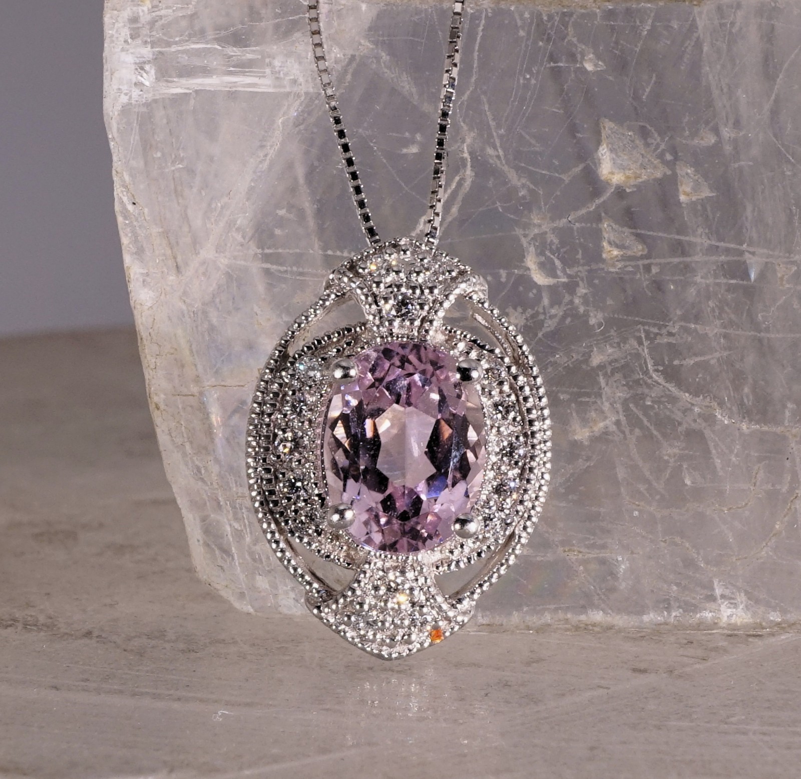 Natural Afghan Kunzite slide Pendant 14k Solid White Gold 2.66ct With Diamonds