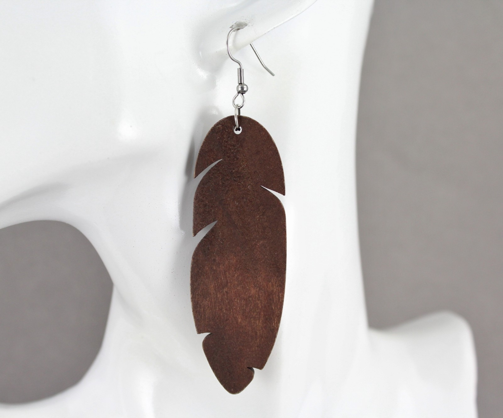 dark Brown wood feather earrings dangle lightweight wood 3 5/8″ long leaf