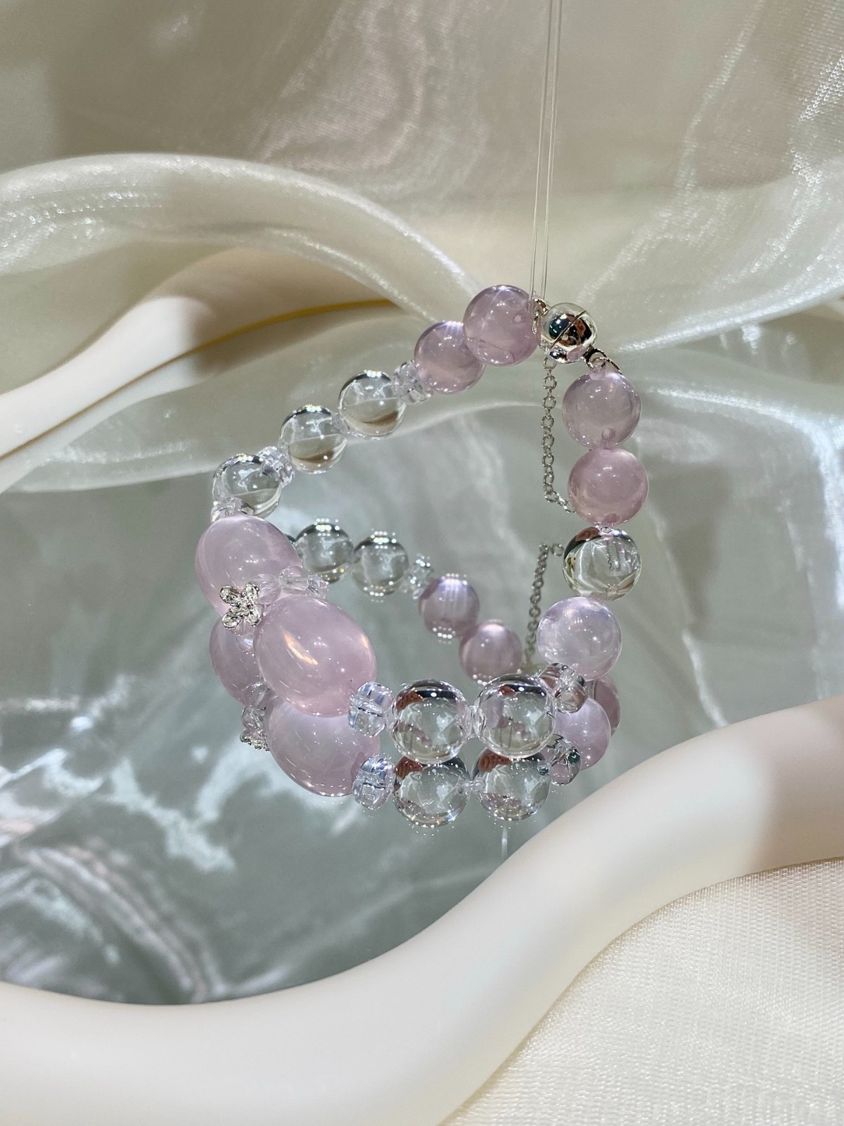 LUSA FEELA Natural Pink White Crystal Bubble Bead Stretch Bracelet Gift Box