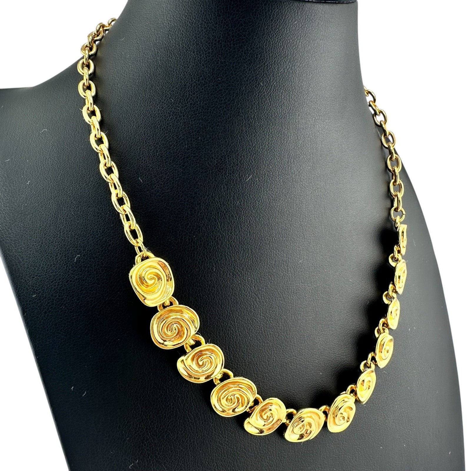 Modernist Contemporary Abstract Rose Swirls Gold Tone 19″ Statement Necklace