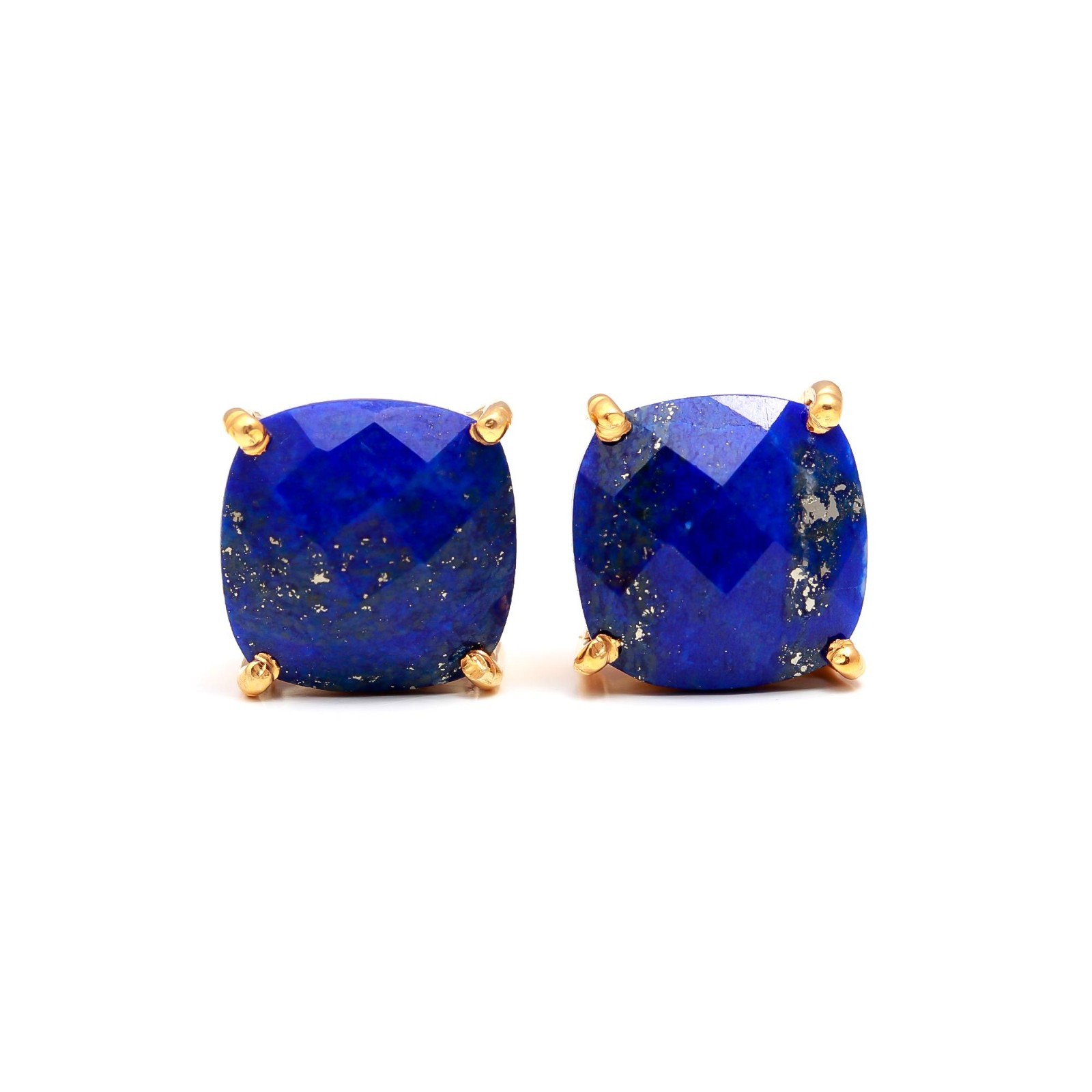 Natural Lapis Lazuli Cushion Stud Earrings Gold Fill 925 Sterling Silver Jewelry