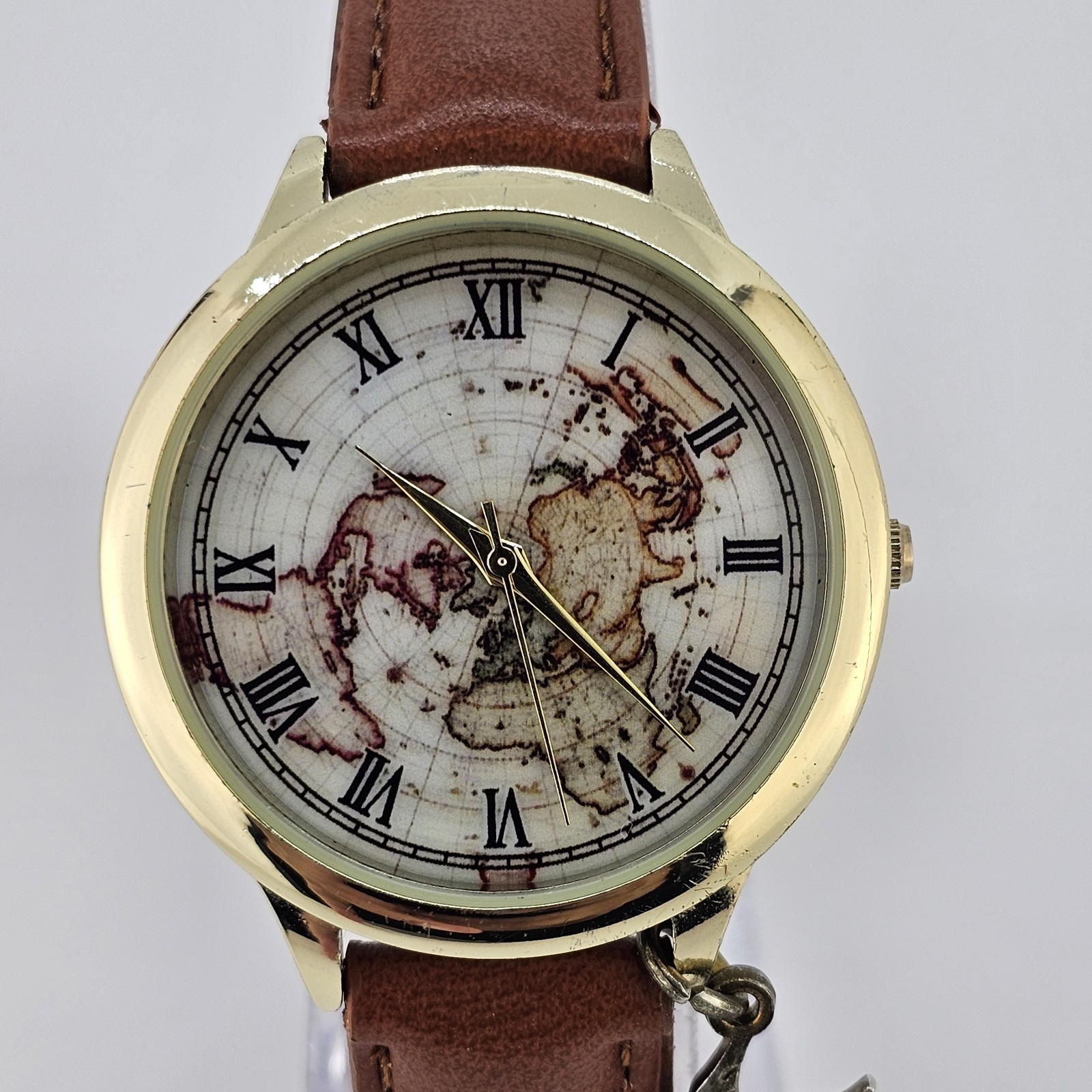 Women’s World Map Watch 38MM Multicolor Dial Brown Leather Bands NEW Battery
