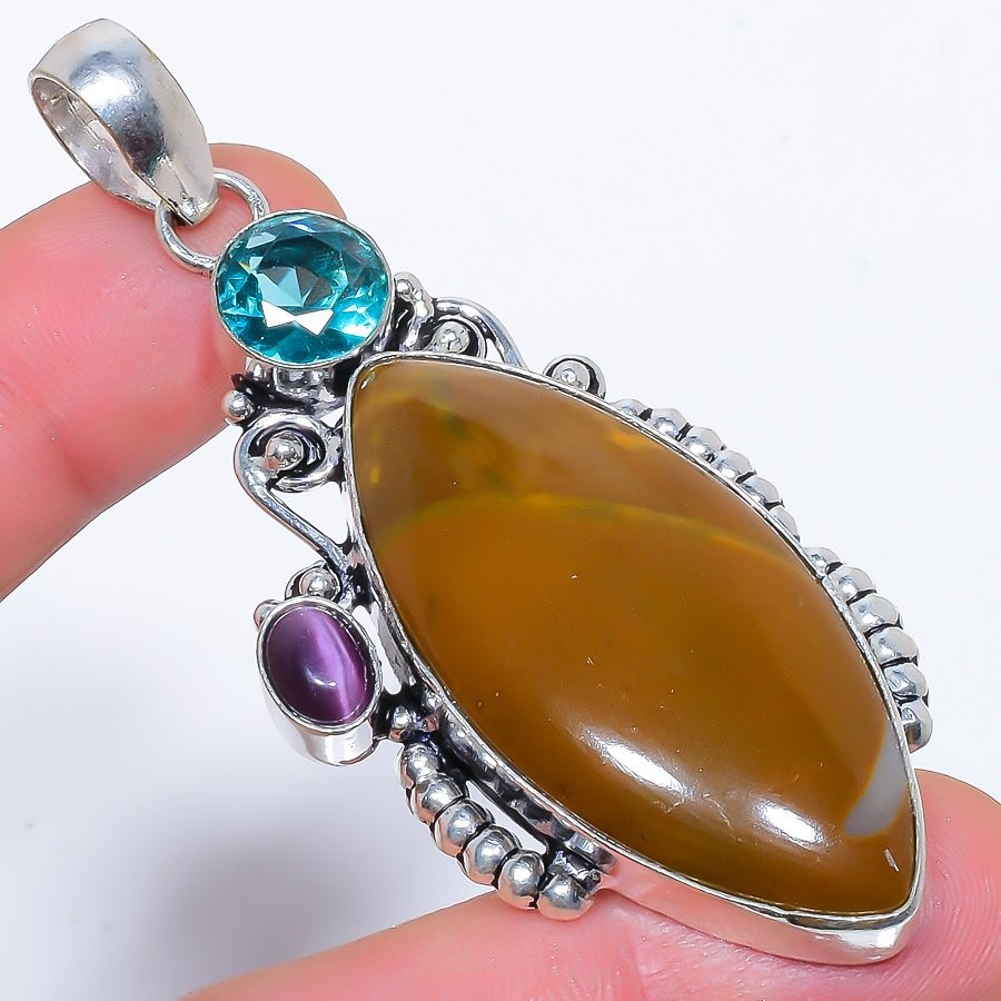 Polychrome Jasper & Blue Topaz & Cat’S Eye 925 Silver Plated Pendant 2.9″F589