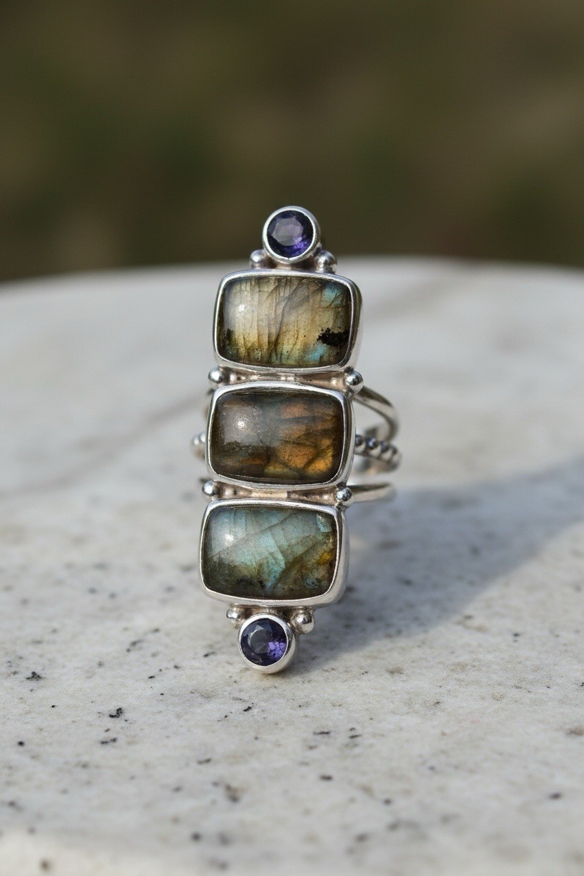 Sajen 925 Sterling Silver Labradorite and Amethyst Ring Size 9