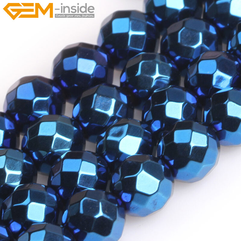 Round Blue Metallic Coated Hematite Faceted Stone Loose Beads Jewelry Making 15‘