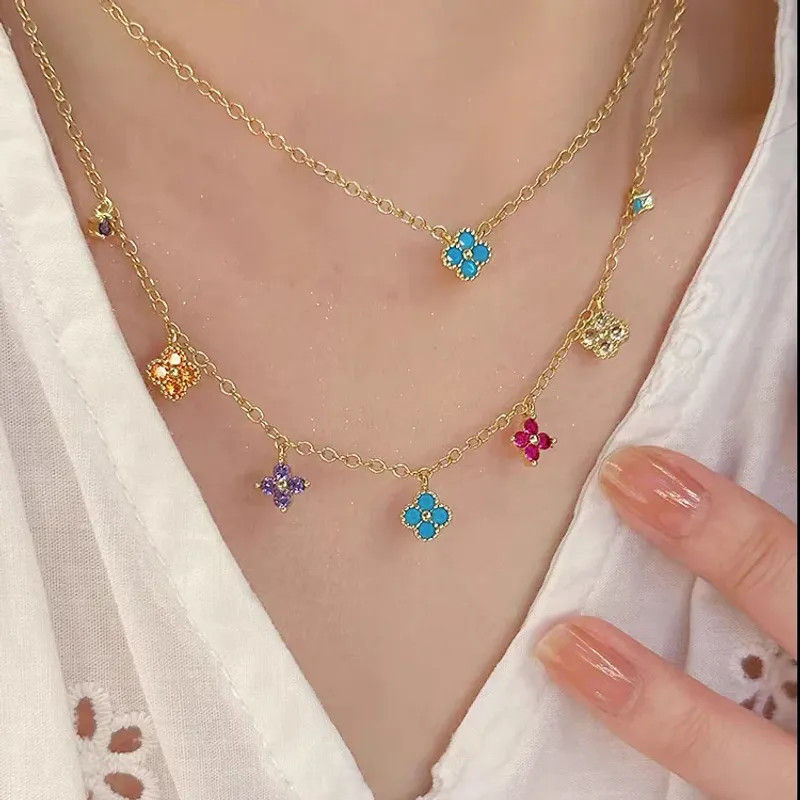 925 Sterling Silver Colorful AAA CZ Gold Clover Necklace Women Elegant Pendant