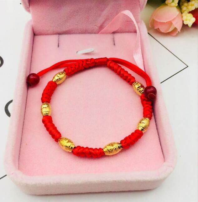 transport Hand Braided Olive Beaded Red String 23K 24K THAI BAHT YELLOW GOLD GP