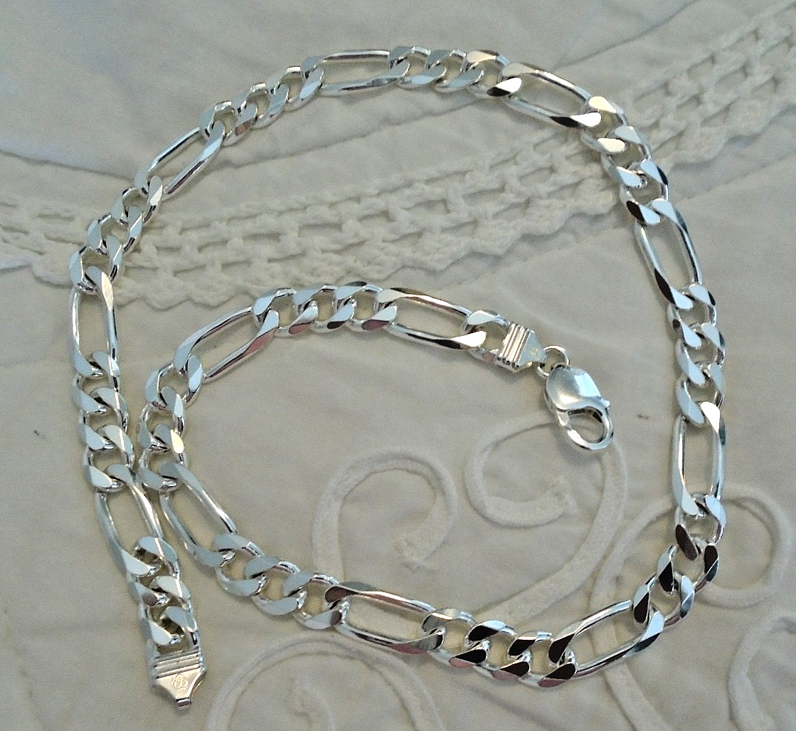 Mens 925 Sterling Silver Figaro Link Chain Necklace Italy 9.5 mm 20″ 67 GRAMS