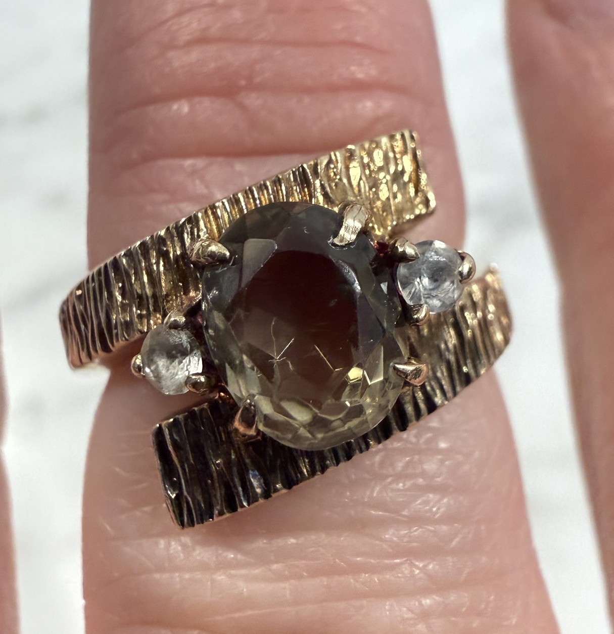 10K Yellow Gold Smoky Quartz White Accent Stone Bypass Ring SA 4.3g Size 5 MCM