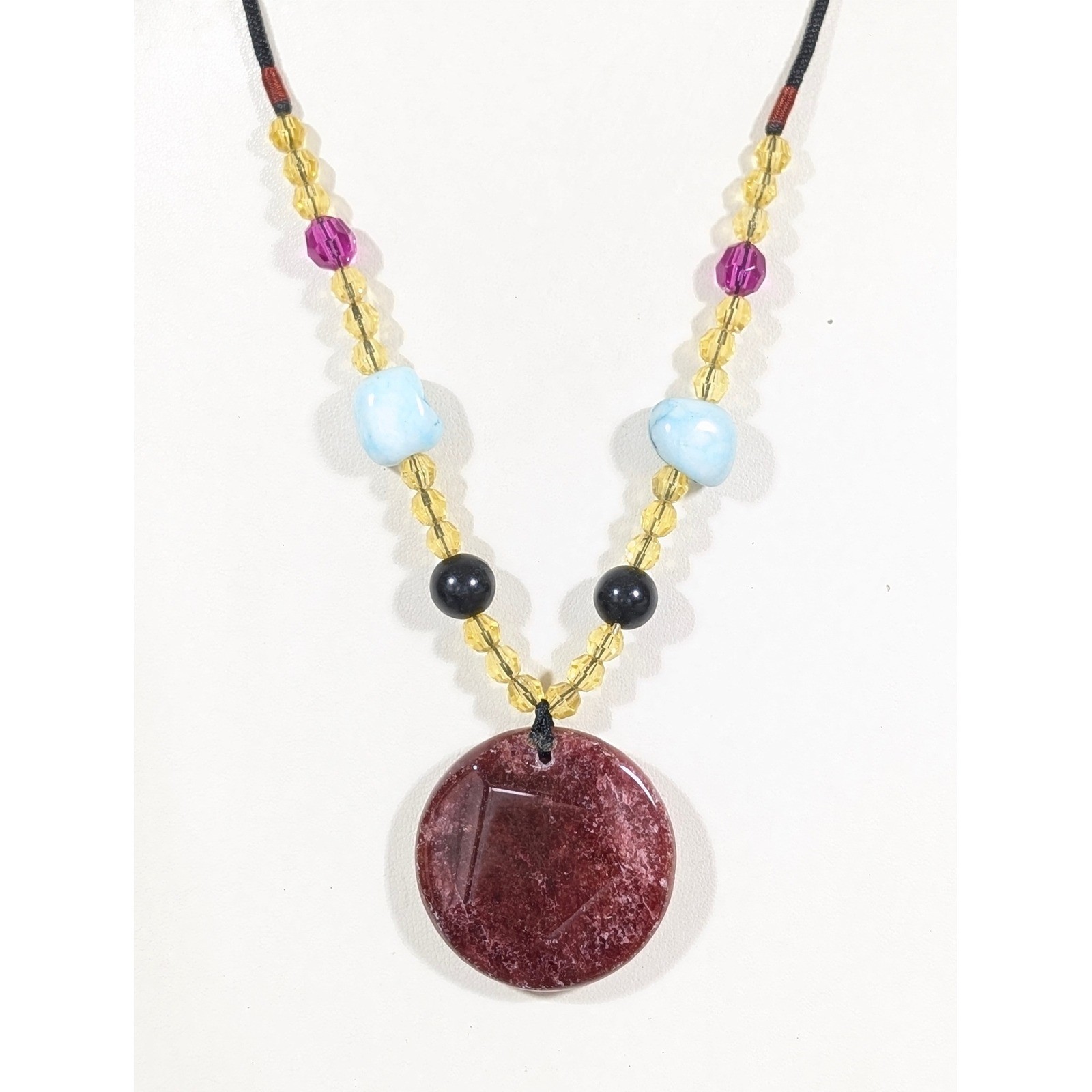 Pink Stone Pendant Necklace Blue Black Beaded Boho Artisan 22″