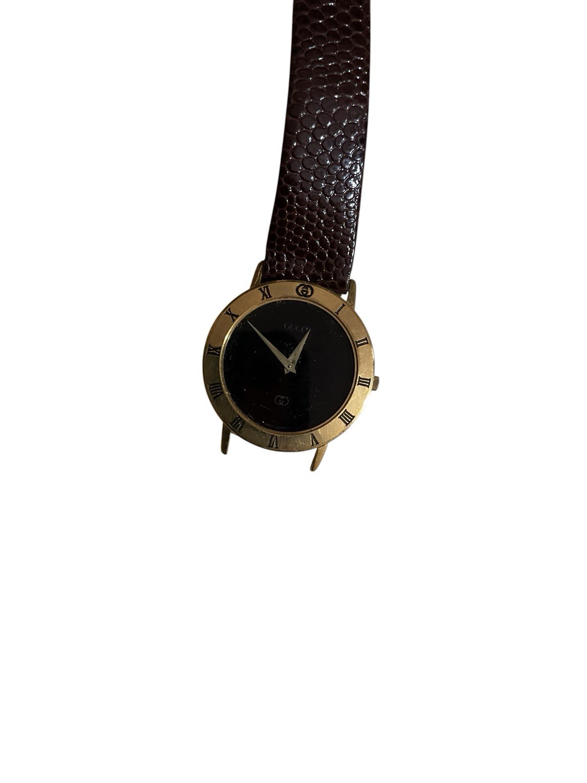 Gucci 3000L Women’s Quartz Dress Watch Black Dial Roman Gold Plated Brown